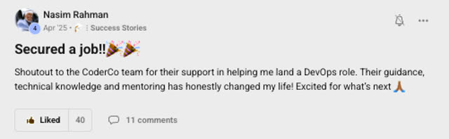 Member success post from the CoderCo community