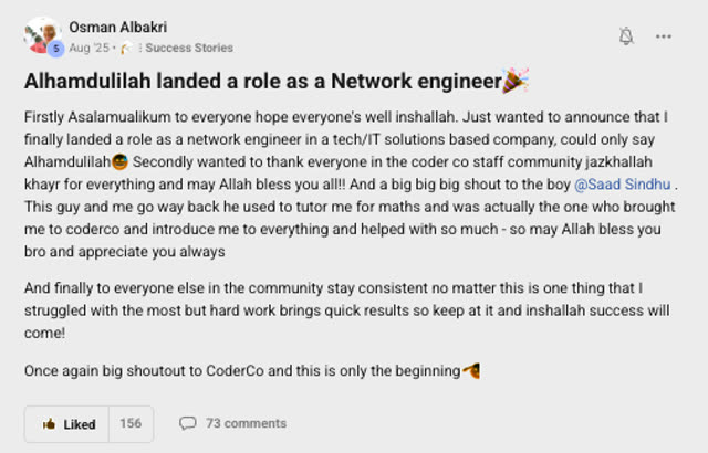 Member success post from the CoderCo community