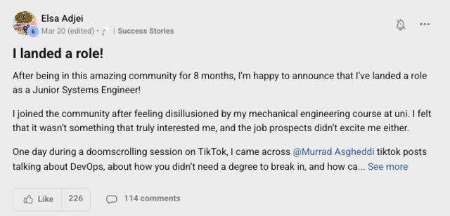 Member success post from the CoderCo community
