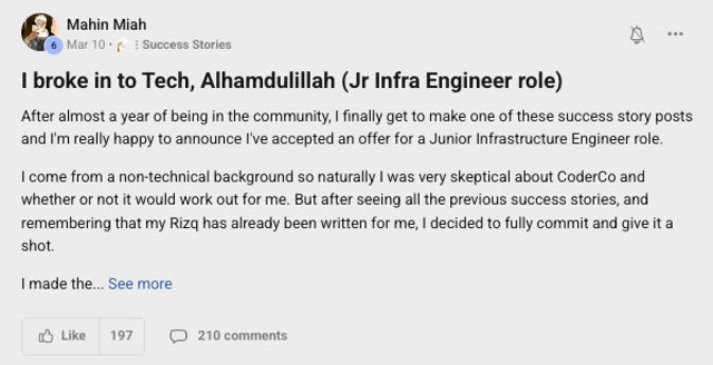 Member success post from the CoderCo community