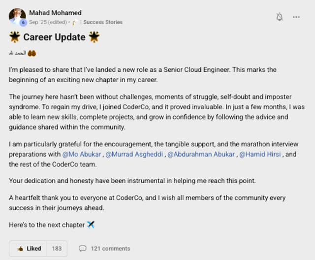 Member success post from the CoderCo community