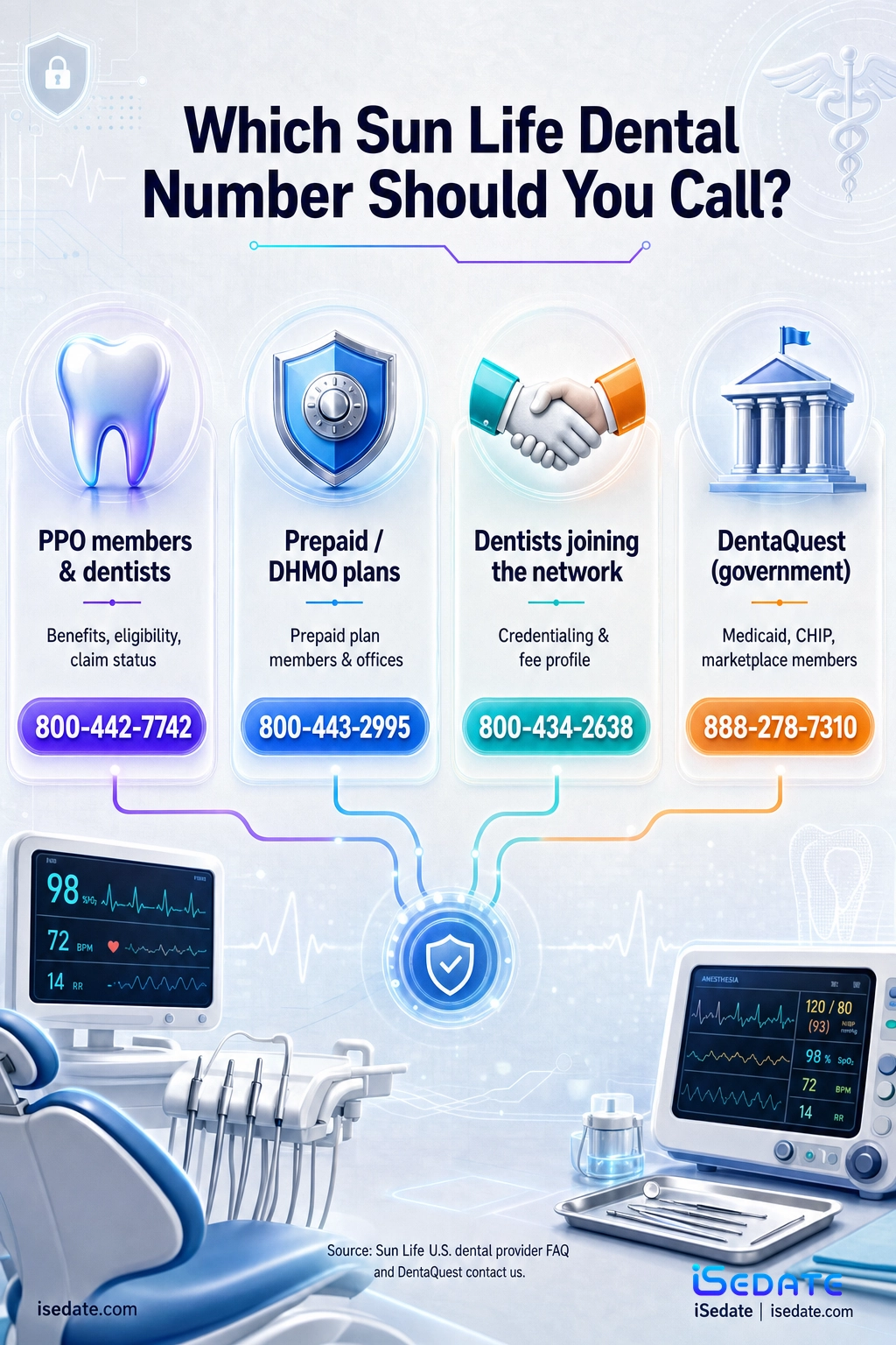 Routing infographic of Sun Life dental phone numbers for PPO, prepaid, provider relations, and DentaQuest