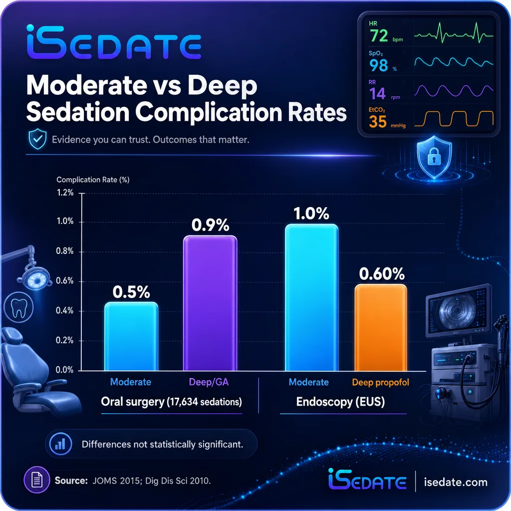 Grouped bar chart comparing moderate and deep sedation complication rates in two studies Grouped bar chart comparing moderate and deep sedation complication rates in two studies