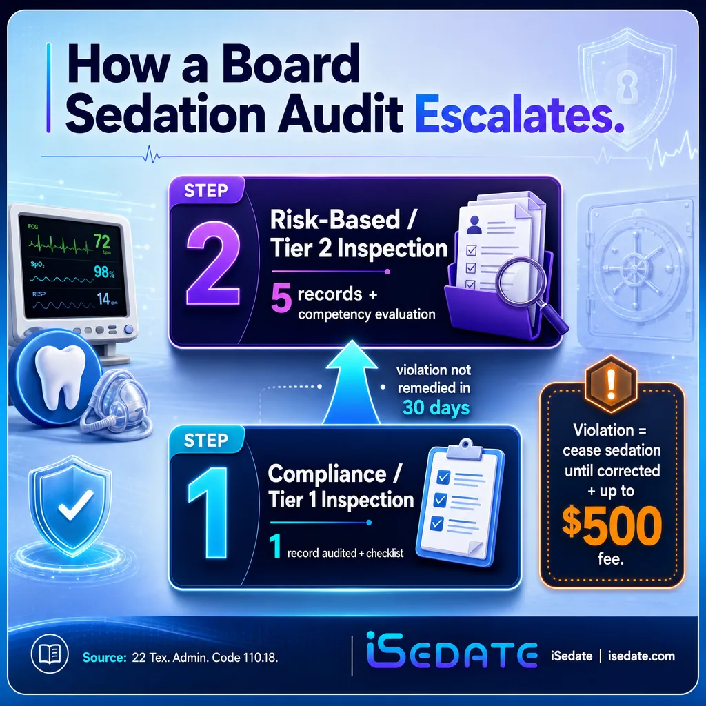 Infographic showing dental board sedation audit escalating from one record to five records Infographic showing dental board sedation audit escalating from one record to five records