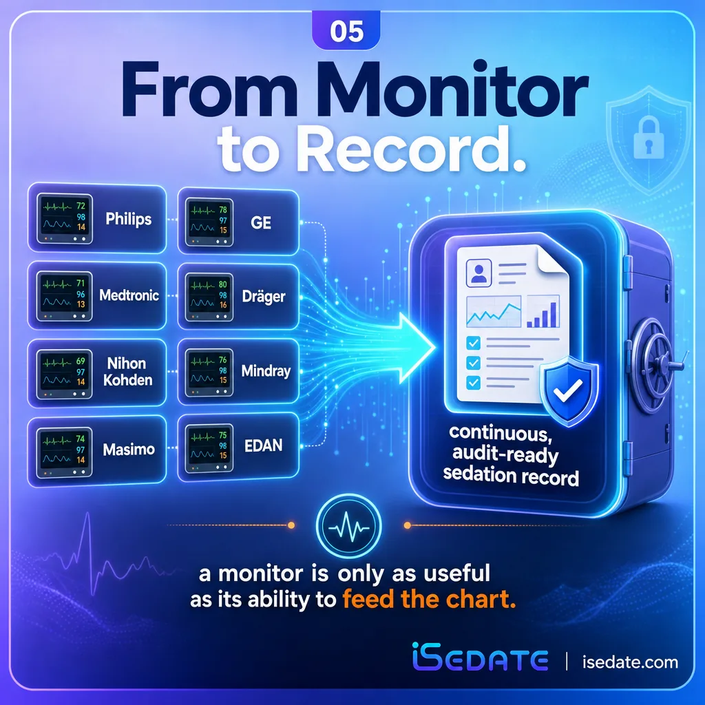 Infographic showing patient monitor vendors feeding data into a continuous sedation record Infographic showing patient monitor vendors feeding data into a continuous sedation record