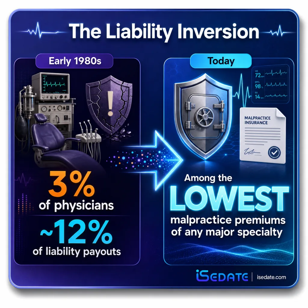 Split panel infographic showing anesthesiologists moving from high liability share to lowest malpractice premiums Split panel infographic showing anesthesiologists moving from high liability share to lowest malpractice premiums