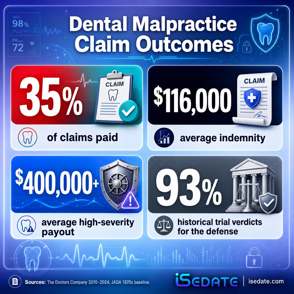 Infographic of dental malpractice outcomes: 35% paid, $116K average, high-severity $400K+, 93% defense verdicts Infographic of dental malpractice outcomes: 35% paid, $116K average, high-severity $400K+, 93% defense verdicts