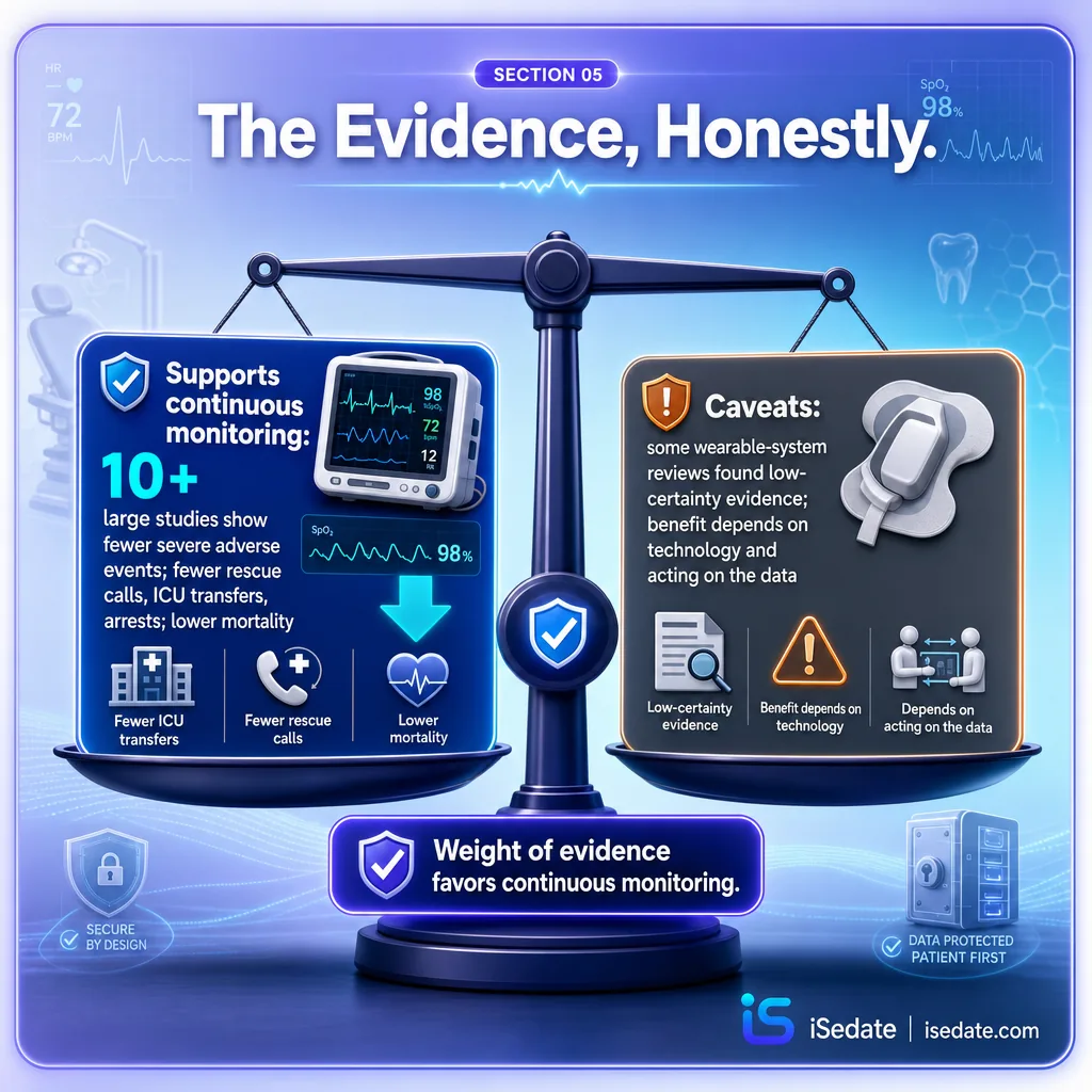 Balanced infographic weighing continuous monitoring benefits against low-certainty caveats Balanced infographic weighing continuous monitoring benefits against low-certainty caveats