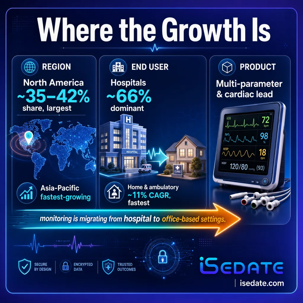 Infographic of patient monitoring market segments by region, end user, and product type Infographic of patient monitoring market segments by region, end user, and product type