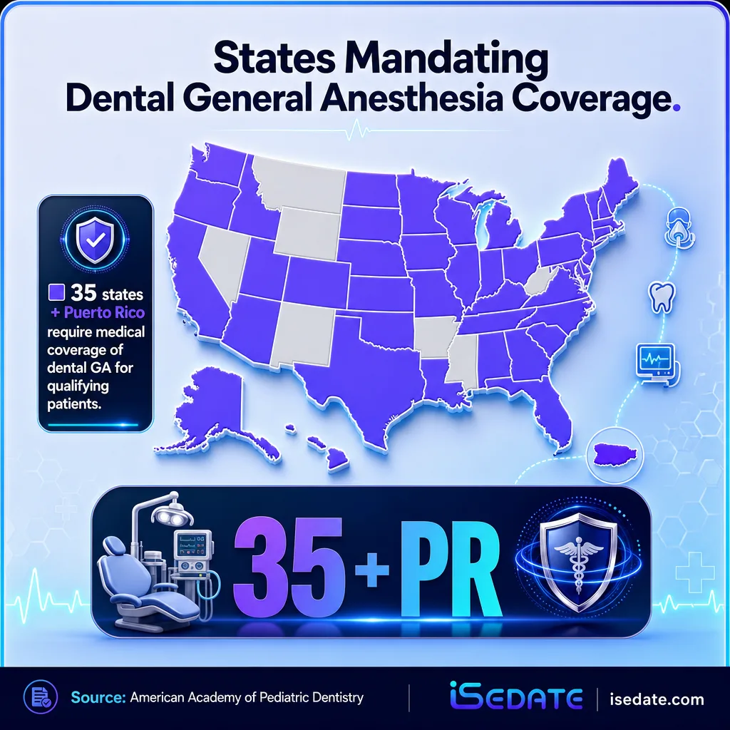 US map infographic showing 35 states plus Puerto Rico mandate dental general anesthesia coverage US map infographic showing 35 states plus Puerto Rico mandate dental general anesthesia coverage