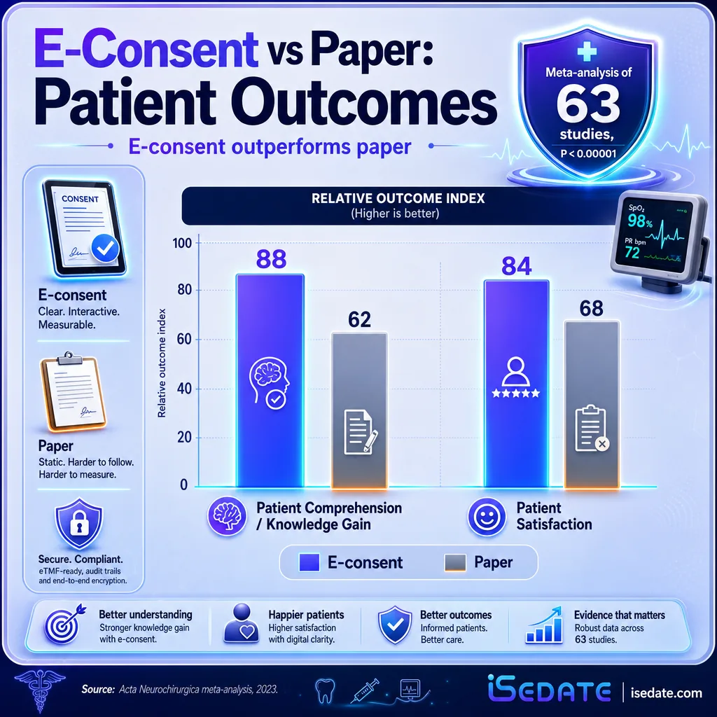 Bar chart showing electronic consent outperforming paper on patient comprehension and satisfaction Bar chart showing electronic consent outperforming paper on patient comprehension and satisfaction