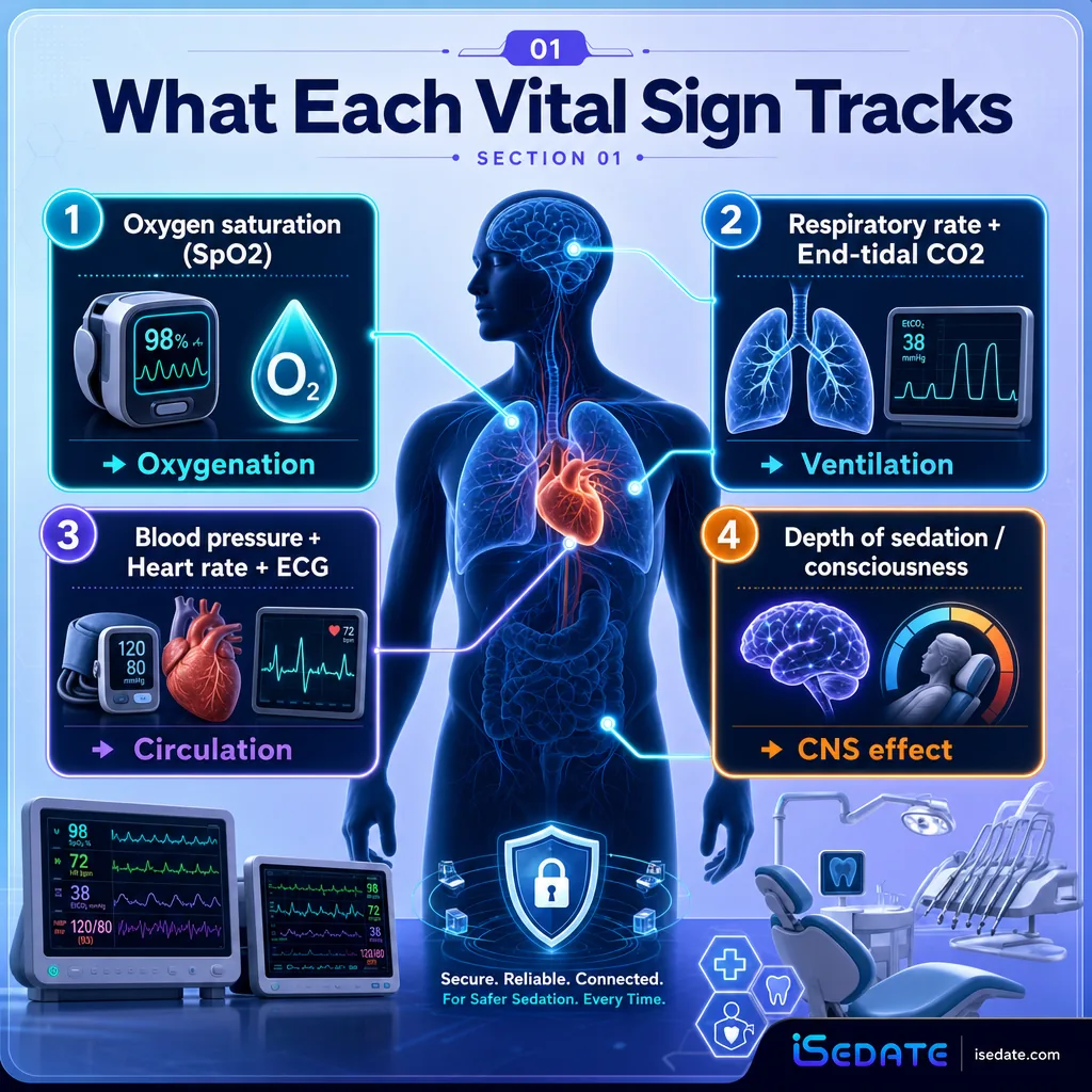 Infographic mapping sedation vital signs to oxygenation, ventilation, circulation, and CNS effect Infographic mapping sedation vital signs to oxygenation, ventilation, circulation, and CNS effect