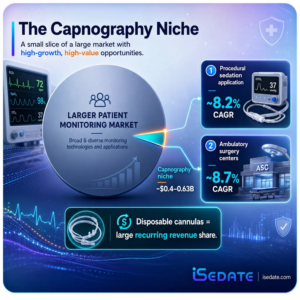Infographic showing the capnography niche within the monitoring market and its fast-growing sedation segment Infographic showing the capnography niche within the monitoring market and its fast-growing sedation segment