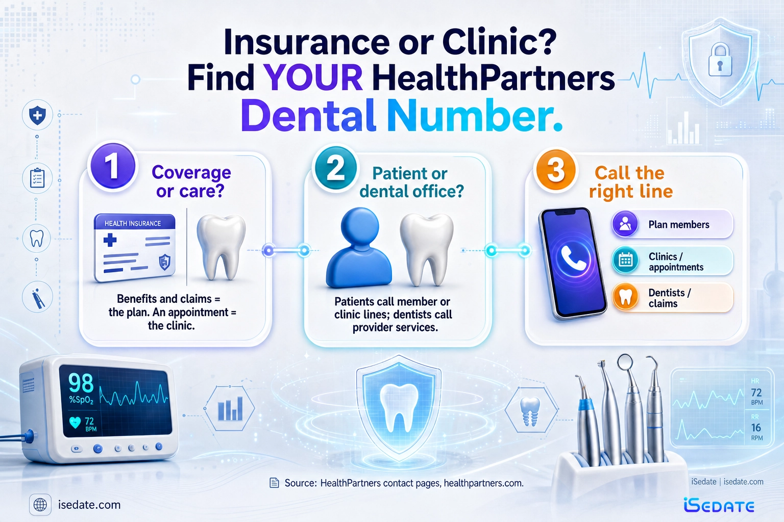 Three-step infographic for finding the correct HealthPartners dental phone number by coverage or care