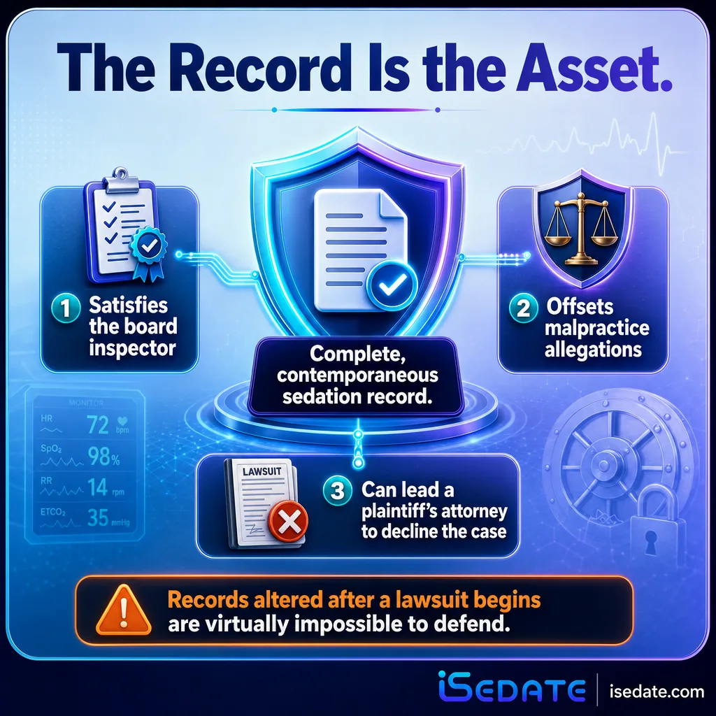Infographic showing a complete sedation record as a shared asset for board audits and malpractice defense Infographic showing a complete sedation record as a shared asset for board audits and malpractice defense