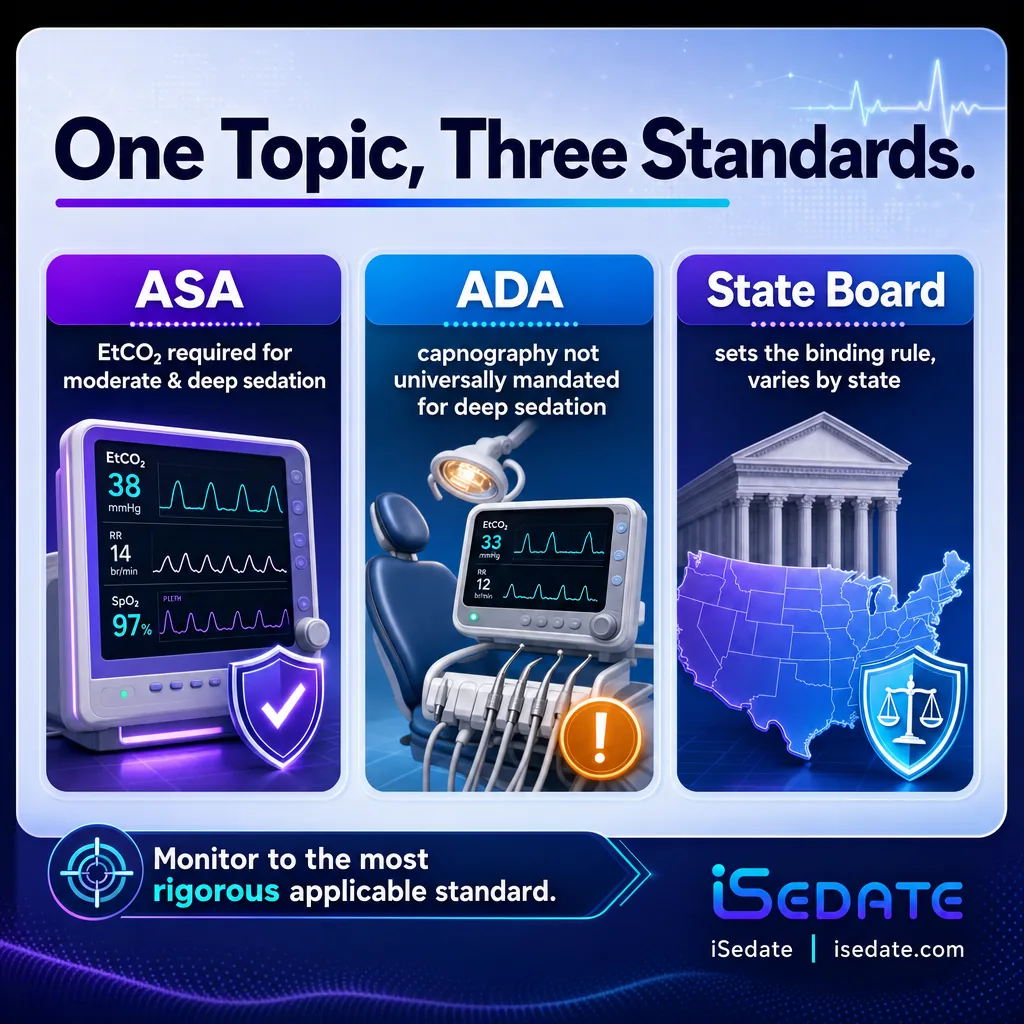 Comparison infographic of ASA, ADA, and state board sedation monitoring standards for capnography Comparison infographic of ASA, ADA, and state board sedation monitoring standards for capnography