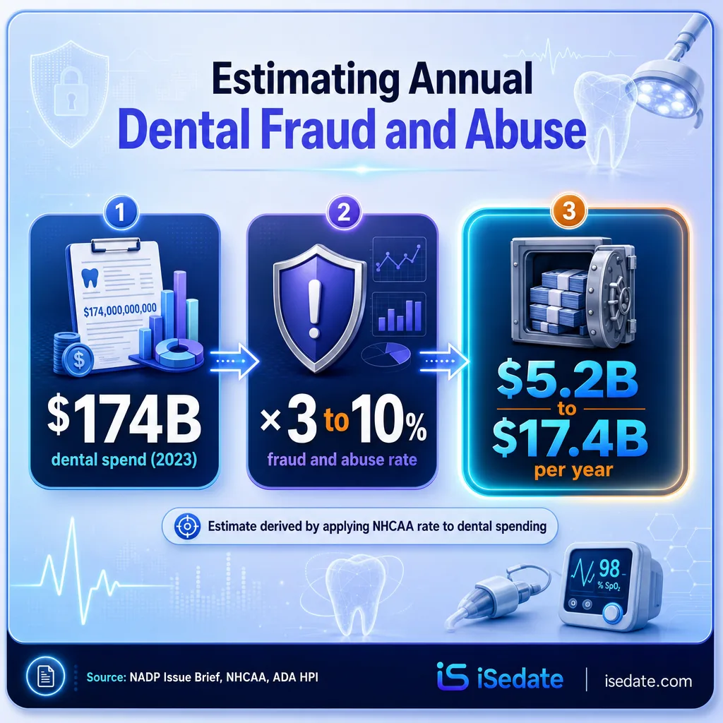 Infographic showing dental fraud estimate of 5.2 to 17.4 billion dollars from 174 billion spend Infographic showing dental fraud estimate of 5.2 to 17.4 billion dollars from 174 billion spend