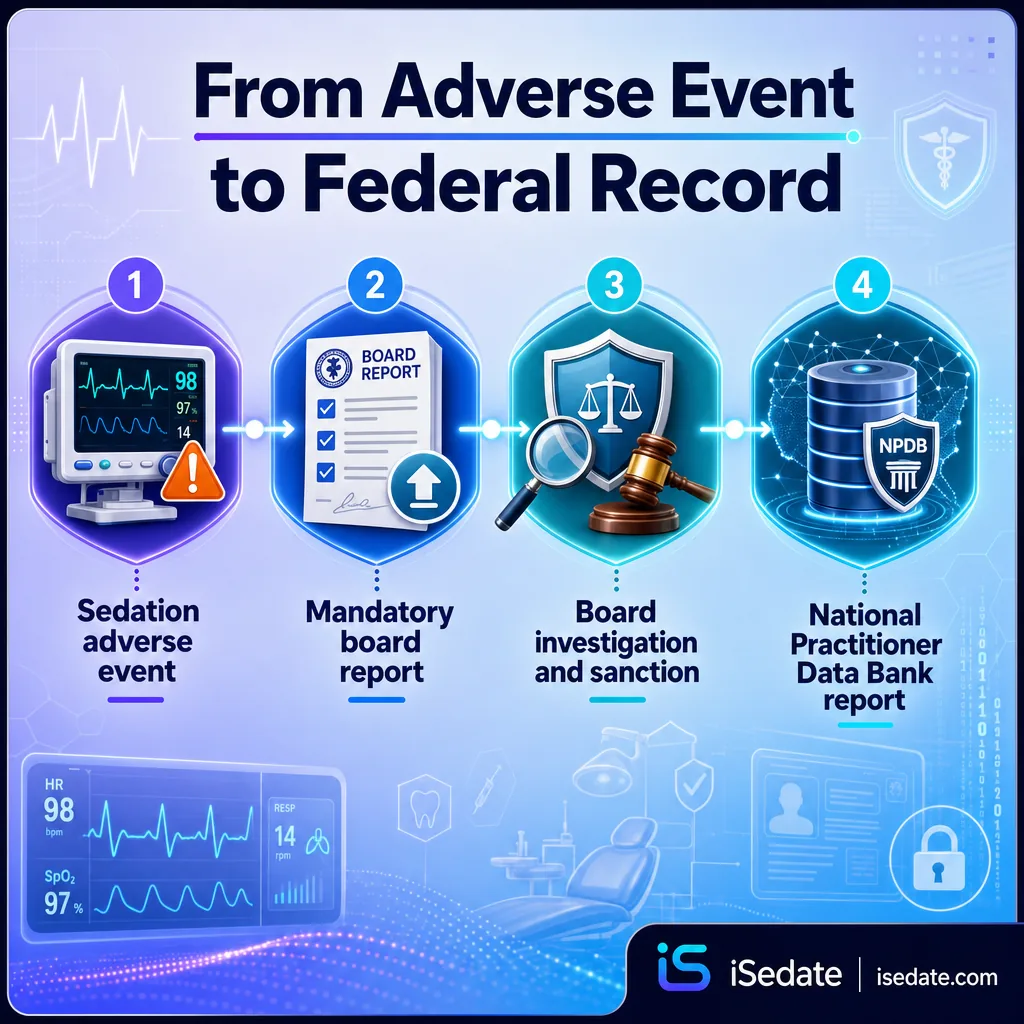 Flat infographic showing the path from a sedation adverse event to a National Practitioner Data Bank report Flat infographic showing the path from a sedation adverse event to a National Practitioner Data Bank report