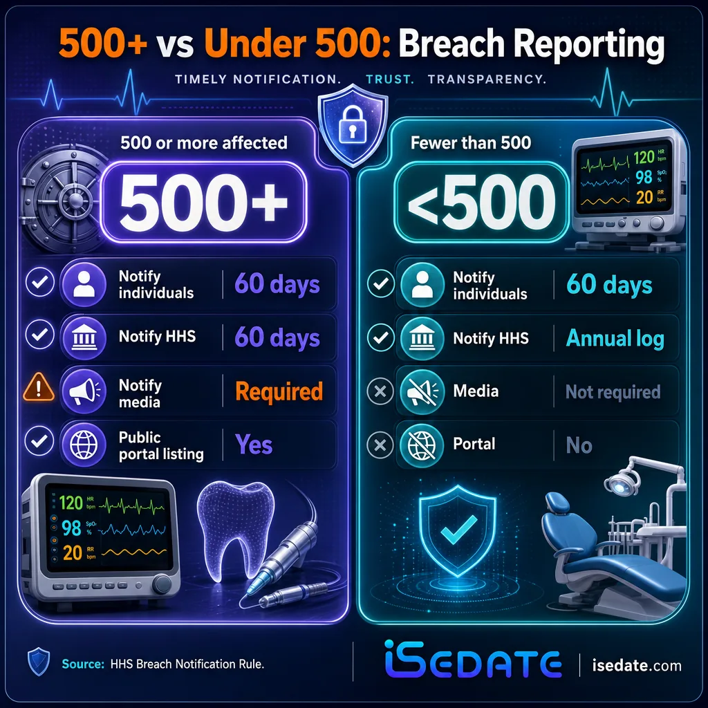 Infographic comparing HIPAA breach reporting requirements for 500 or more versus fewer than 500 affected individuals Infographic comparing HIPAA breach reporting requirements for 500 or more versus fewer than 500 affected individuals