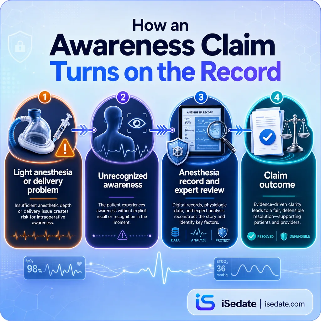Flat infographic showing how an anesthesia awareness claim moves from cause to record review to outcome Flat infographic showing how an anesthesia awareness claim moves from cause to record review to outcome