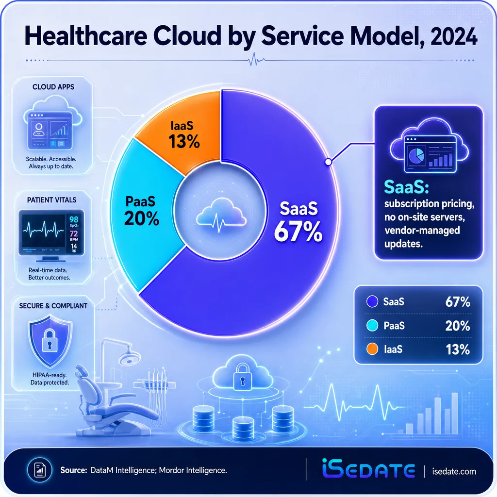 Donut chart showing SaaS holding 64 to 70 percent of the healthcare cloud market over PaaS and IaaS Donut chart showing SaaS holding 64 to 70 percent of the healthcare cloud market over PaaS and IaaS