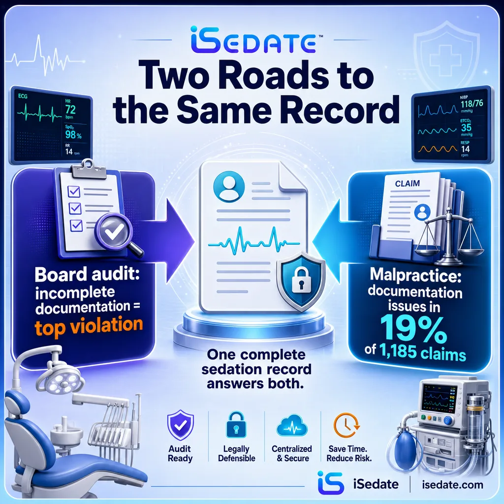 Infographic showing board audits and malpractice claims both converging on the sedation record Infographic showing board audits and malpractice claims both converging on the sedation record