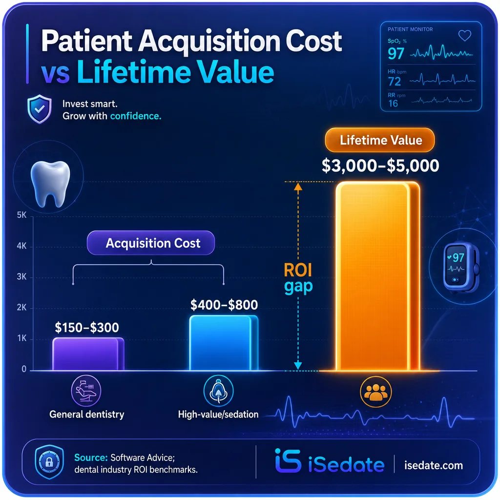 Bar chart comparing dental patient acquisition cost of 150 to 800 dollars against lifetime value of 3000 to 5000