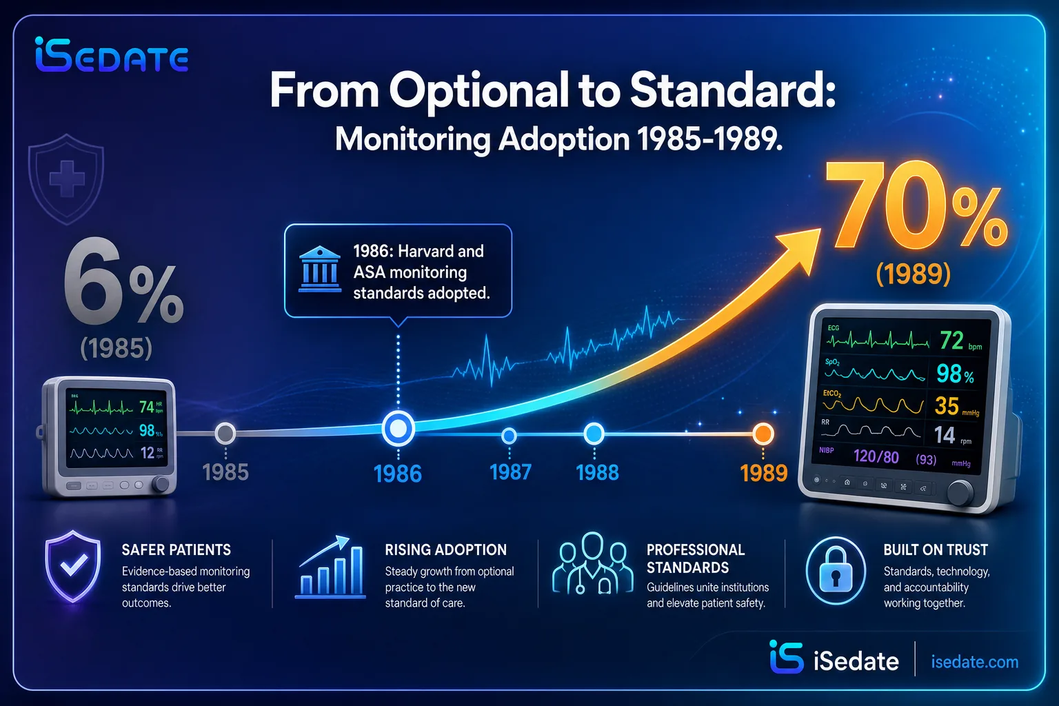 Timeline infographic showing pulse oximetry and capnography adoption rising from 6 percent to 70 percent Timeline infographic showing pulse oximetry and capnography adoption rising from 6 percent to 70 percent