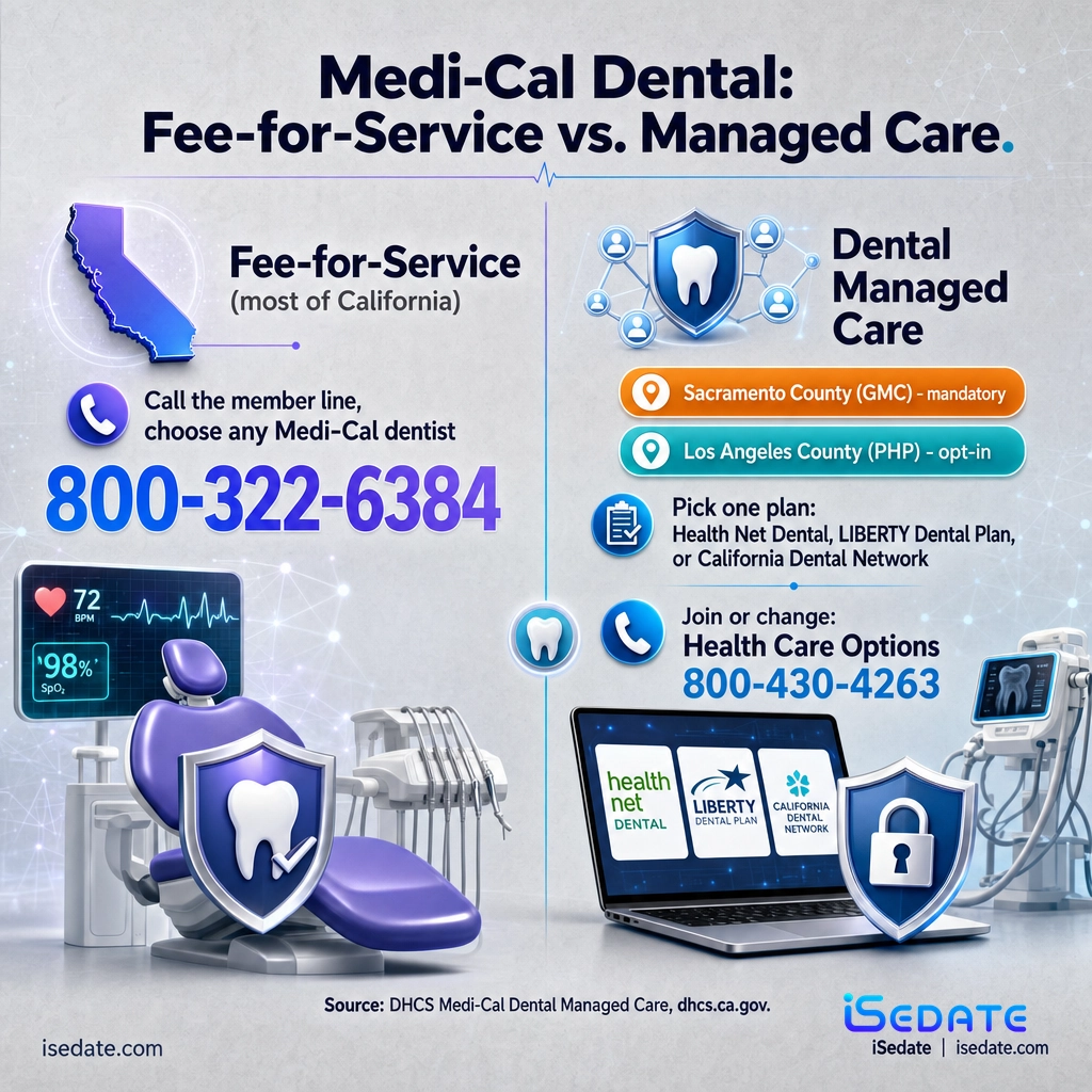 Comparison infographic of Medi-Cal Dental fee-for-service statewide versus dental managed care in Sacramento and Los Angeles County
