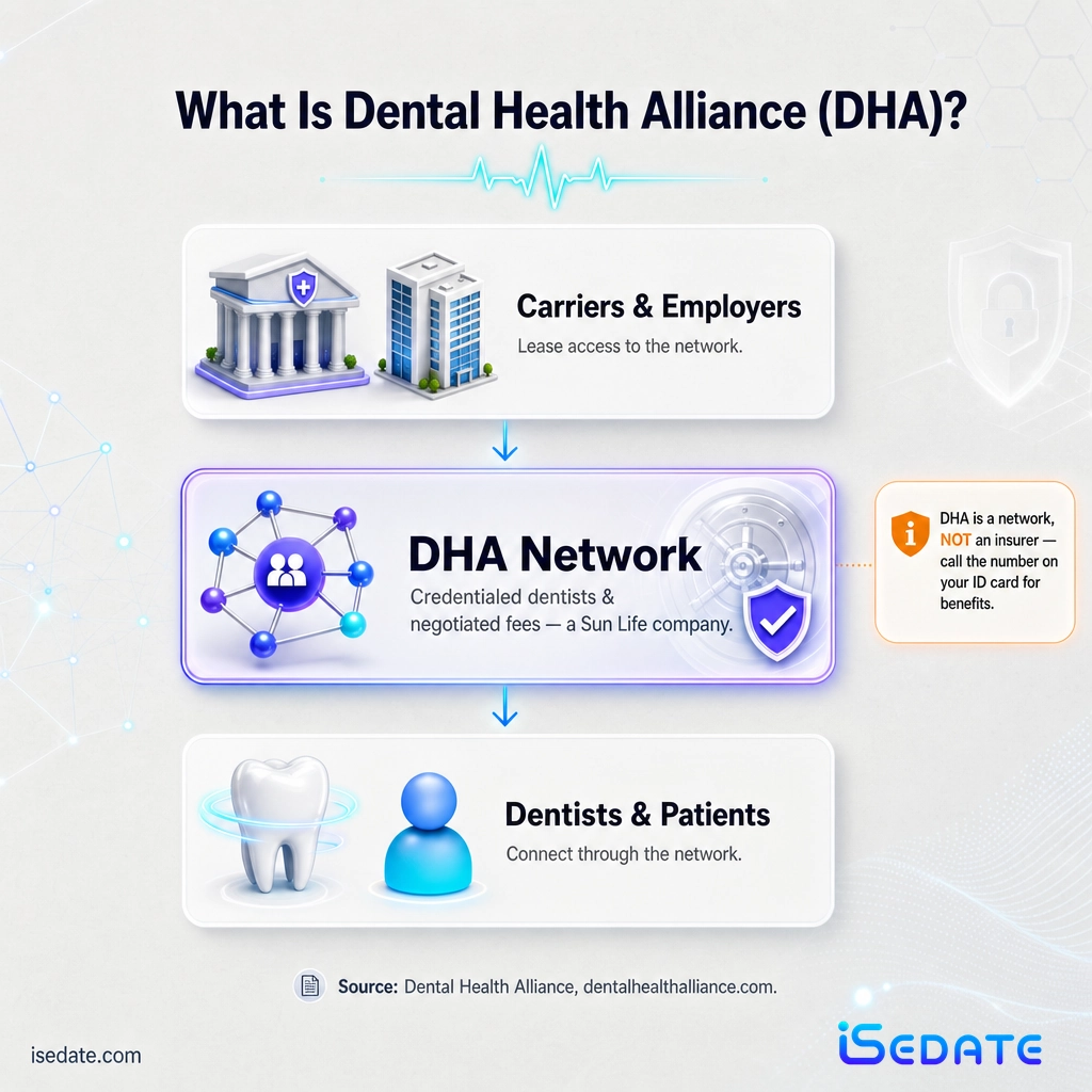 Diagram showing Dental Health Alliance as a leased dental network connecting carriers and employers to credentialed dentists and patients Diagram showing Dental Health Alliance as a leased dental network connecting carriers and employers to credentialed dentists and patients