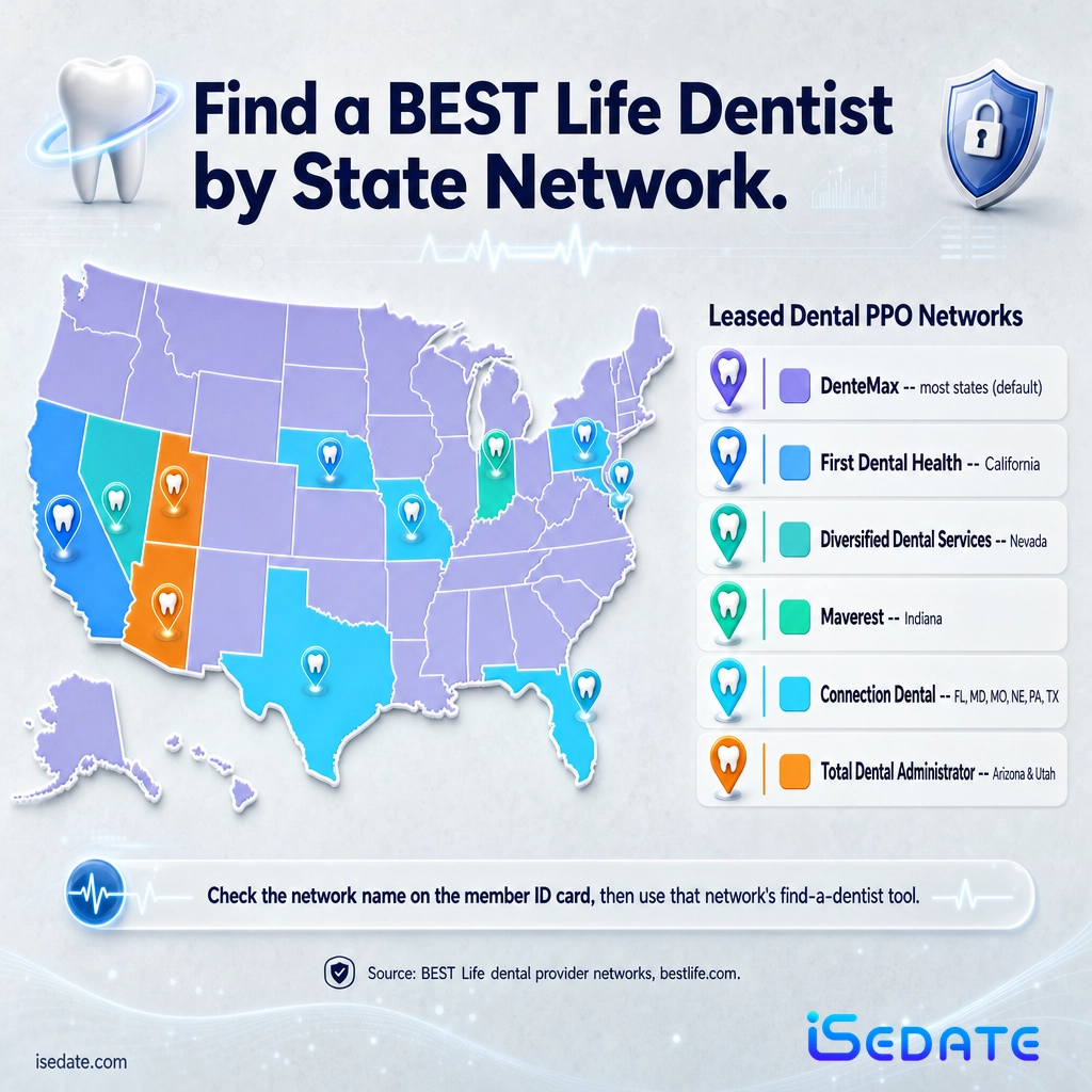 Infographic showing BEST Life dental PPO networks by state, from DenteMax to Connection Dental and Total Dental Administrator