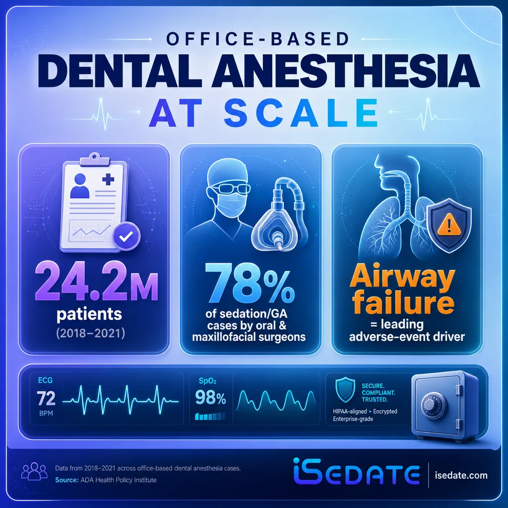Infographic of office-based dental anesthesia: 24.2M patients, 78% by oral surgeons, airway failure leading driver Infographic of office-based dental anesthesia: 24.2M patients, 78% by oral surgeons, airway failure leading driver