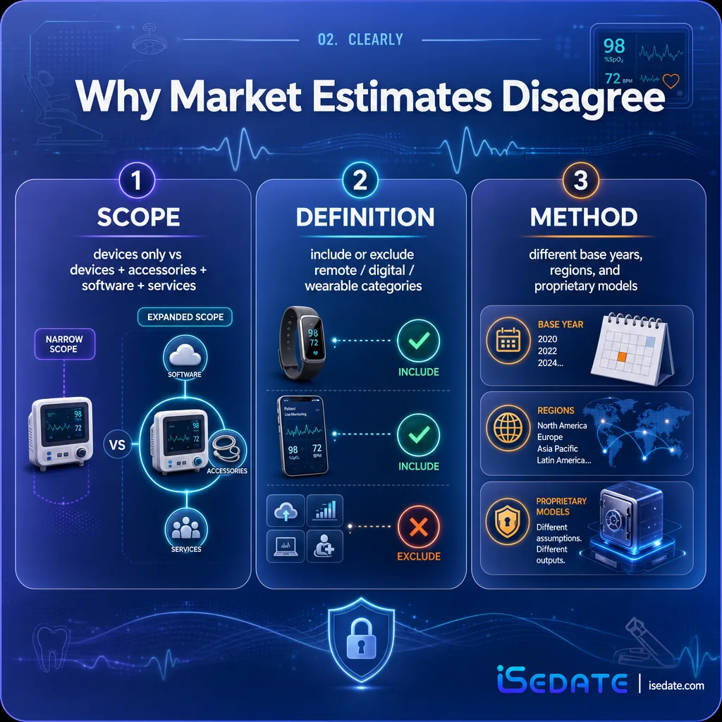 Infographic explaining why patient monitoring market size estimates differ by scope, definition, and method Infographic explaining why patient monitoring market size estimates differ by scope, definition, and method
