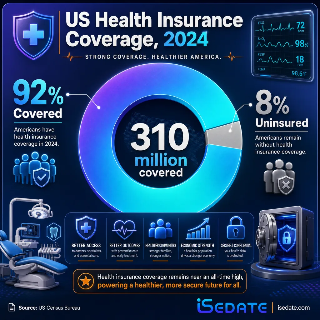 Infographic showing 92 percent of Americans insured and 8 percent uninsured in 2024 Infographic showing 92 percent of Americans insured and 8 percent uninsured in 2024