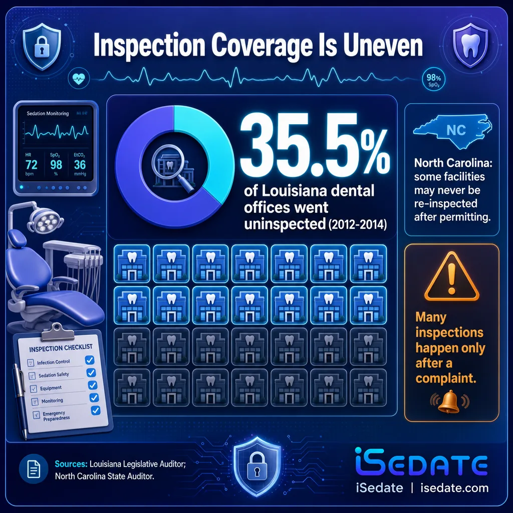Infographic showing 35.5 percent of Louisiana dental offices went uninspected over two years Infographic showing 35.5 percent of Louisiana dental offices went uninspected over two years