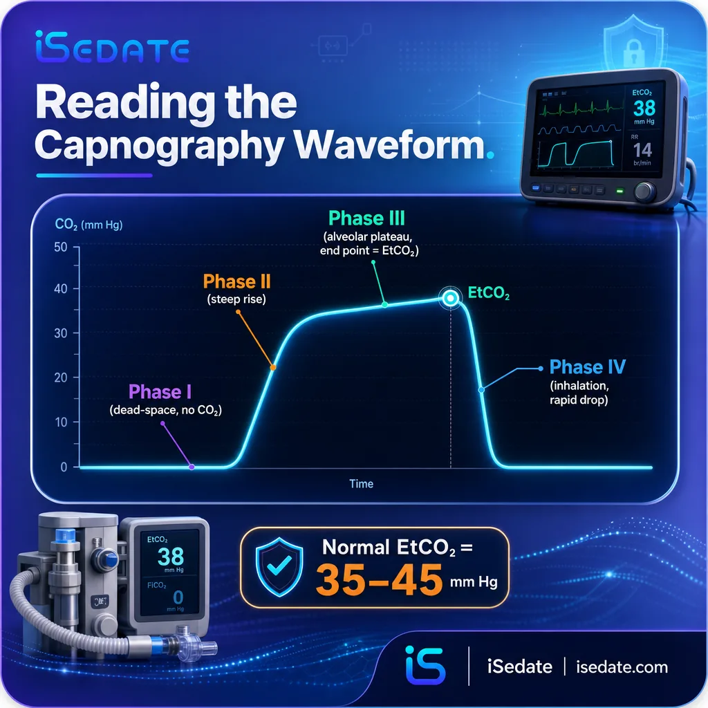 Infographic of the four-phase capnography waveform with normal end-tidal CO2 range labeled Infographic of the four-phase capnography waveform with normal end-tidal CO2 range labeled