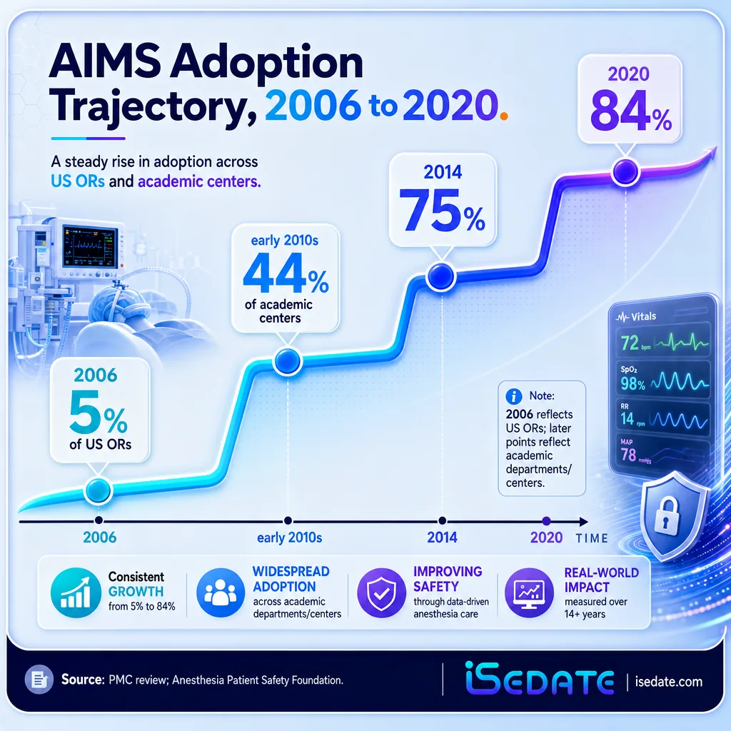 Line chart showing AIMS adoption climbing from 5 percent of ORs in 2006 to 84 percent of academic departments by 2020 Line chart showing AIMS adoption climbing from 5 percent of ORs in 2006 to 84 percent of academic departments by 2020