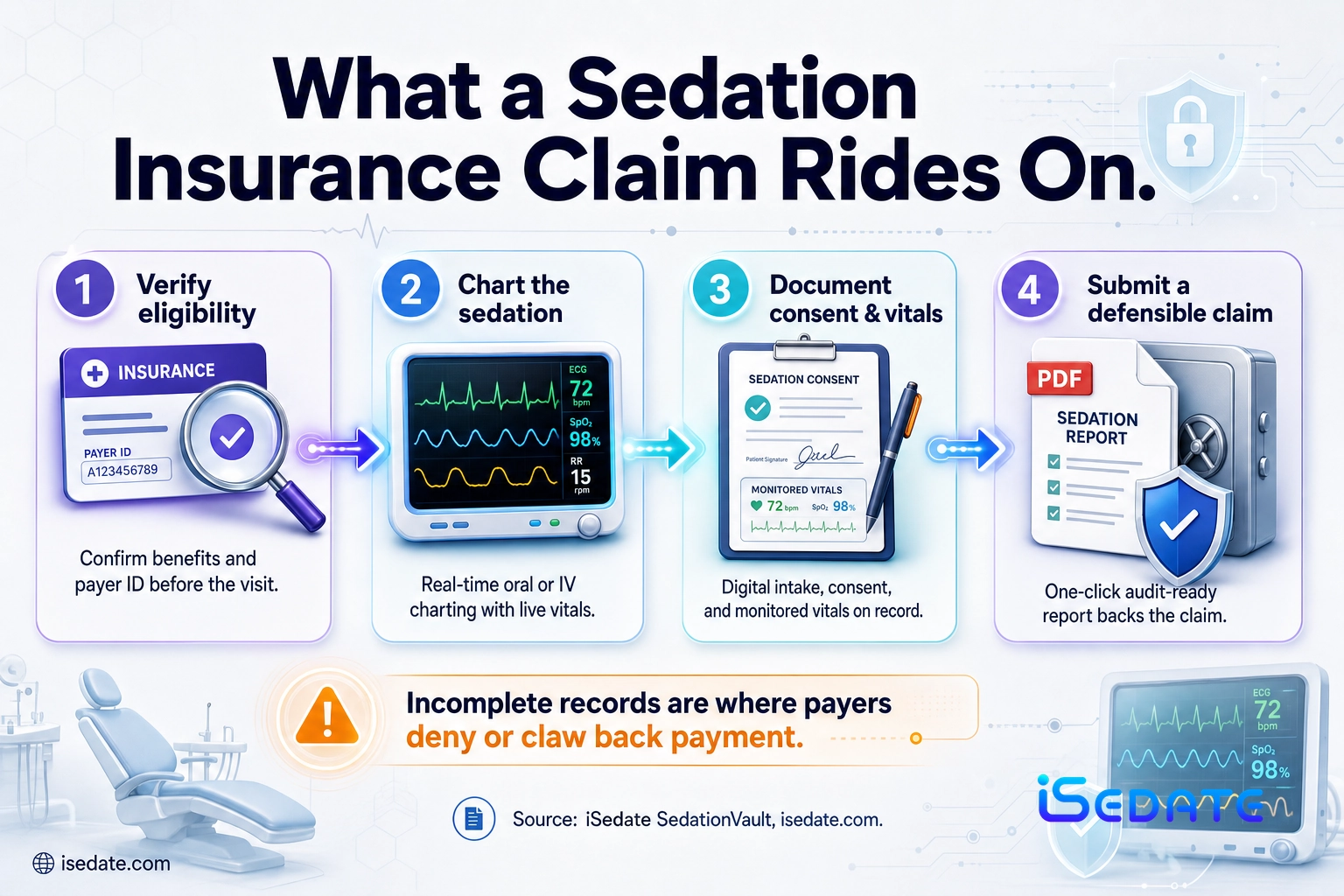 Four-stage infographic showing how documentation supports a dental sedation insurance claim from eligibility to a defensible claim Four-stage infographic showing how documentation supports a dental sedation insurance claim from eligibility to a defensible claim