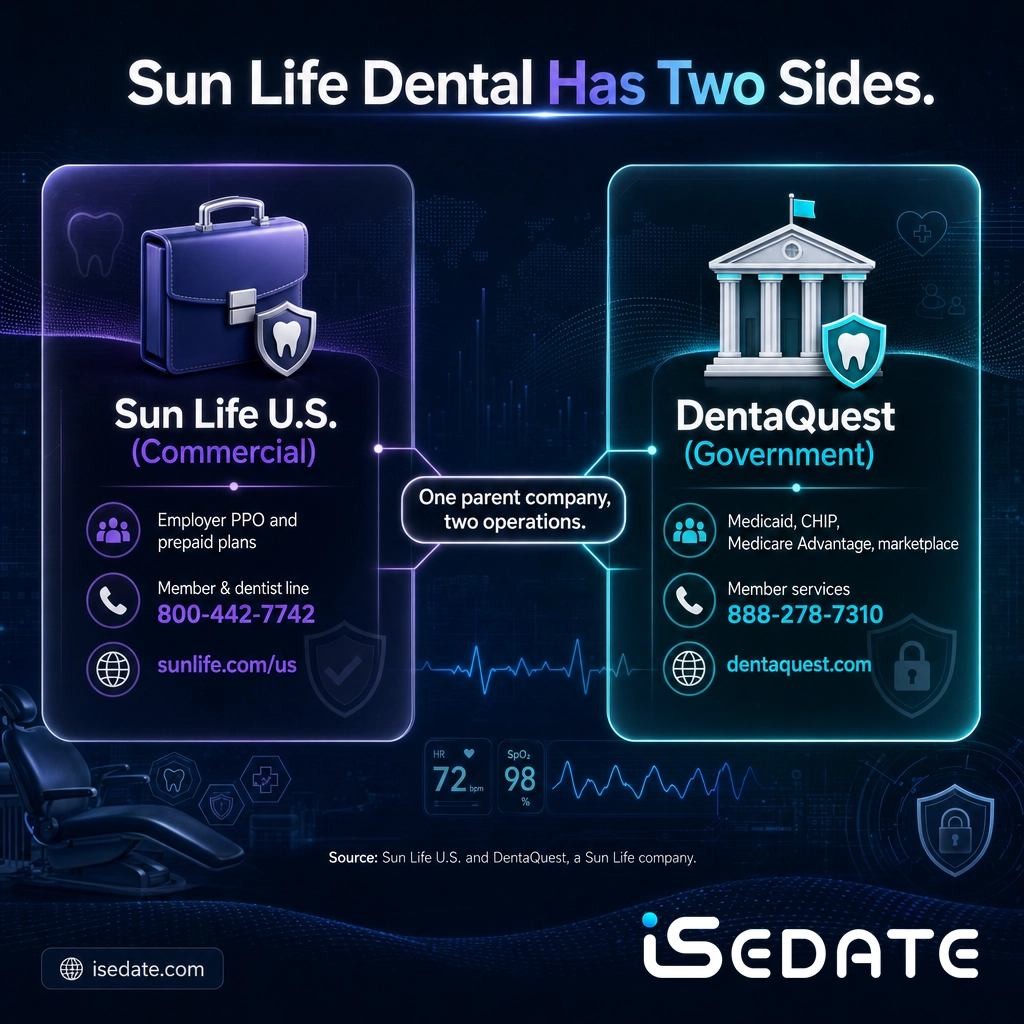 Split diagram comparing Sun Life U.S. commercial dental and DentaQuest government dental contacts