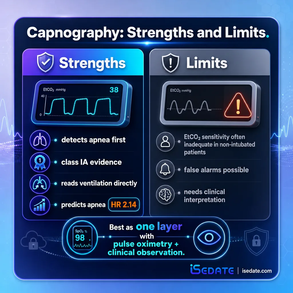 Balanced infographic showing capnography strengths alongside its honest limitations Balanced infographic showing capnography strengths alongside its honest limitations