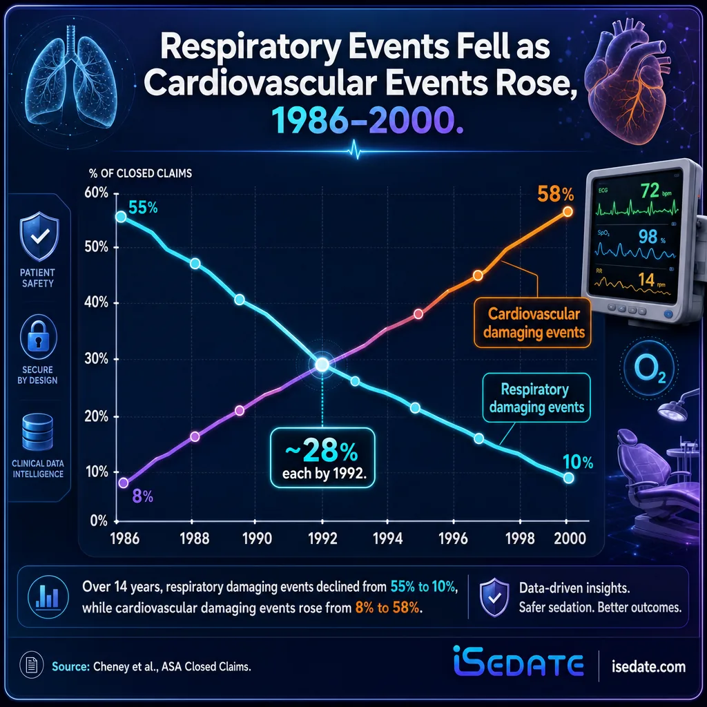 Line chart showing respiratory anesthesia events declining as cardiovascular events rise toward 28 percent each Line chart showing respiratory anesthesia events declining as cardiovascular events rise toward 28 percent each