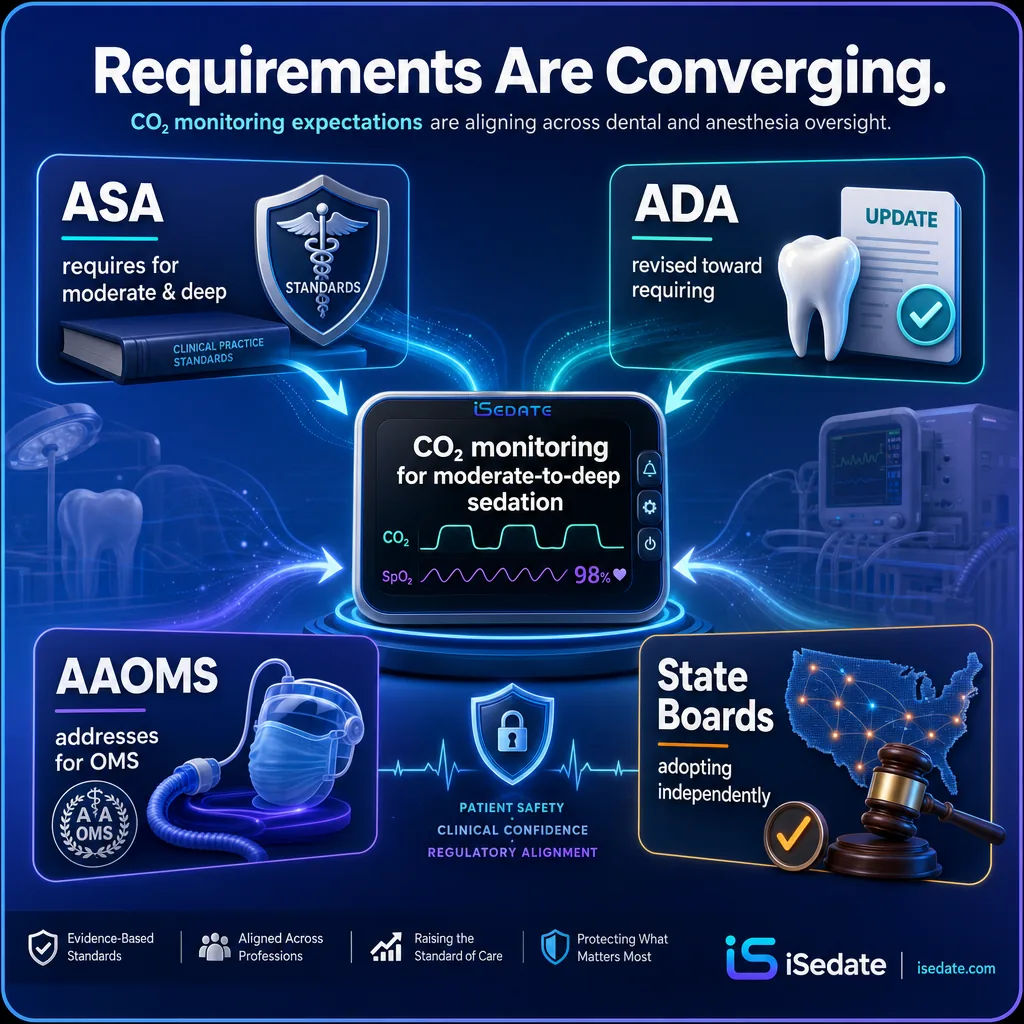Infographic showing ASA, ADA, AAOMS, and state boards converging on capnography requirements Infographic showing ASA, ADA, AAOMS, and state boards converging on capnography requirements