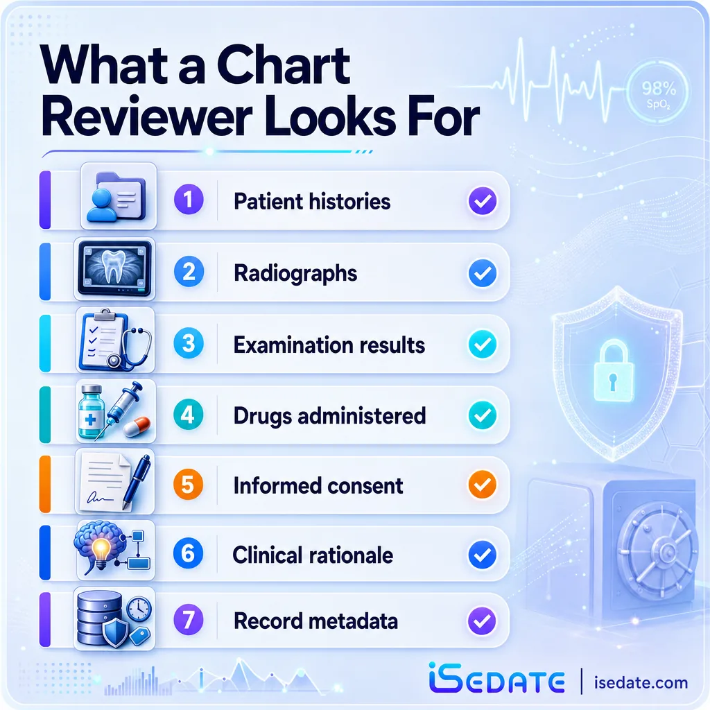 Checklist infographic of dental record elements a malpractice chart reviewer examines Checklist infographic of dental record elements a malpractice chart reviewer examines