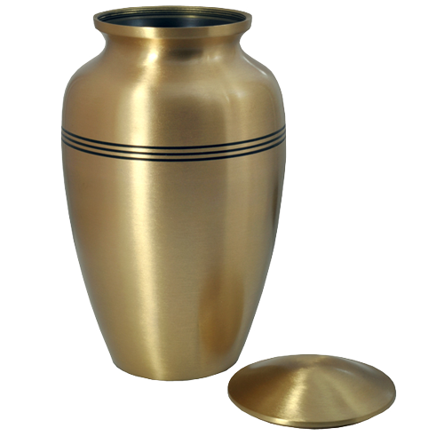 Golden Classic brass cremation urn with its lid beside it