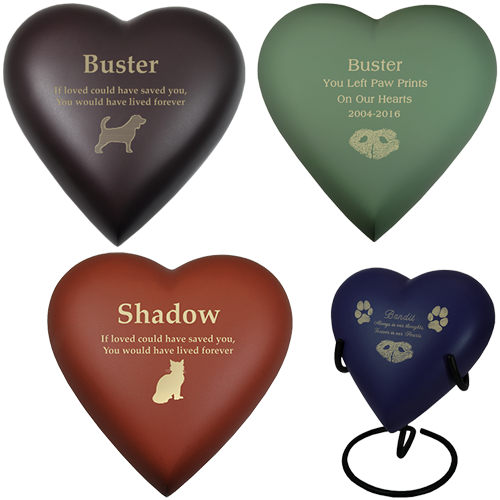 Heart-shaped pet urns with personalized gold engraving