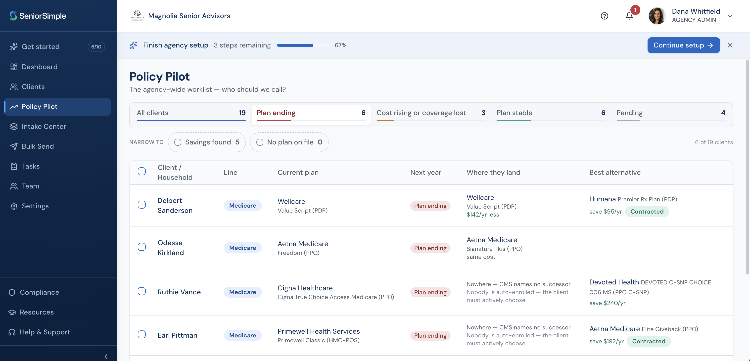 The PolicyPilot agency worklist, filtered to clients whose plan is ending