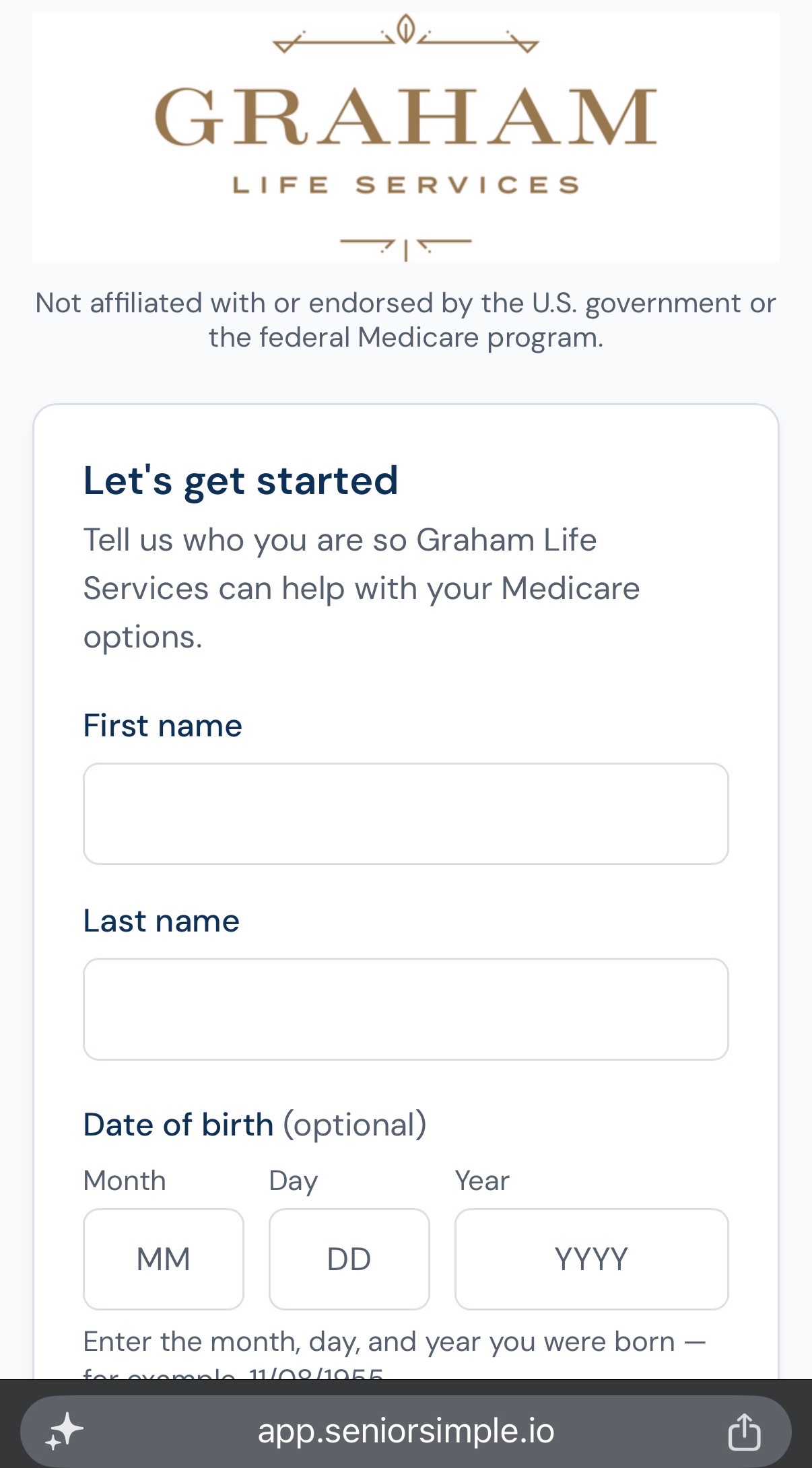 The ClientKeep intake link as a senior sees it