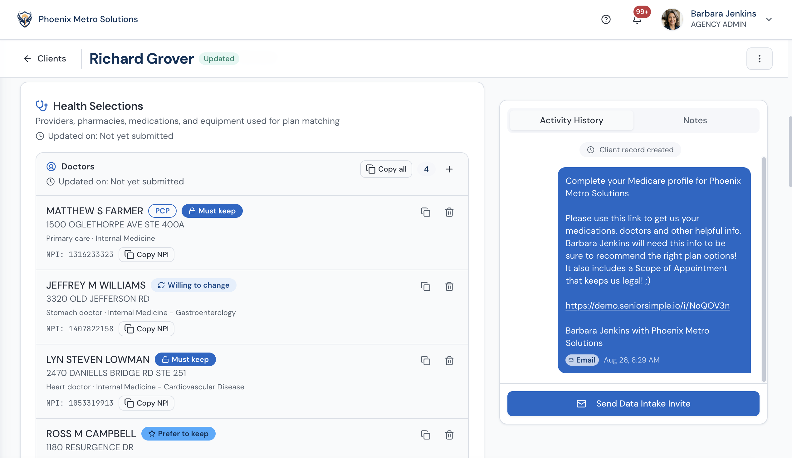 A ClientKeep client record showing doctors, keep preferences, and the intake invite