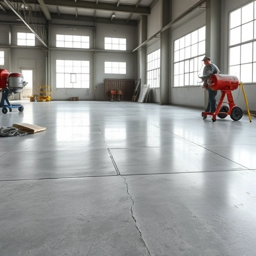 Concrete floor patching in Jersey City NJ, featuring a polished surface, organized workspace, and natural light ambiance.
