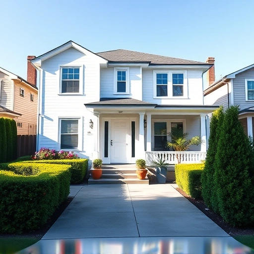Modern Jersey City home with white exterior, navy trim, lush greenery, elegant interior, and inviting kitchen.